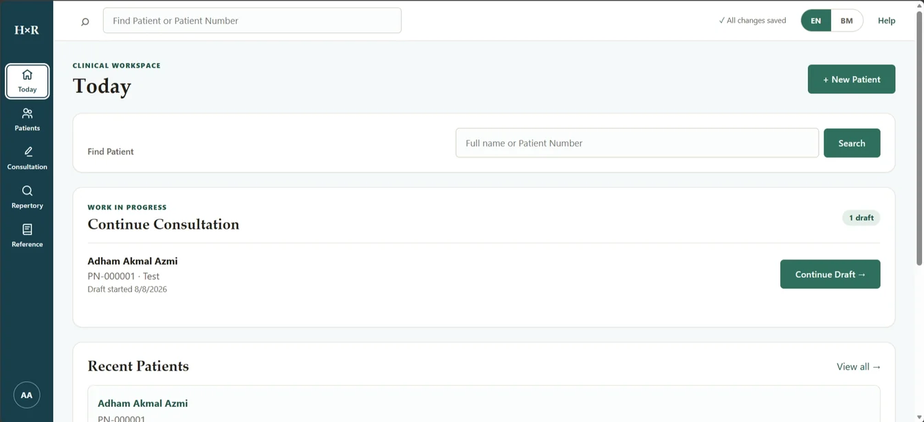 Clinical workspace dashboard with patient search, a consultation draft waiting to be continued, and recent patients
