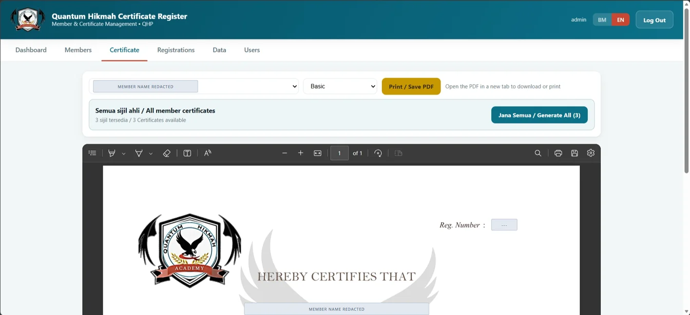 Certificate register with member selector, template picker, batch generation and an inline PDF preview of a generated certificate
