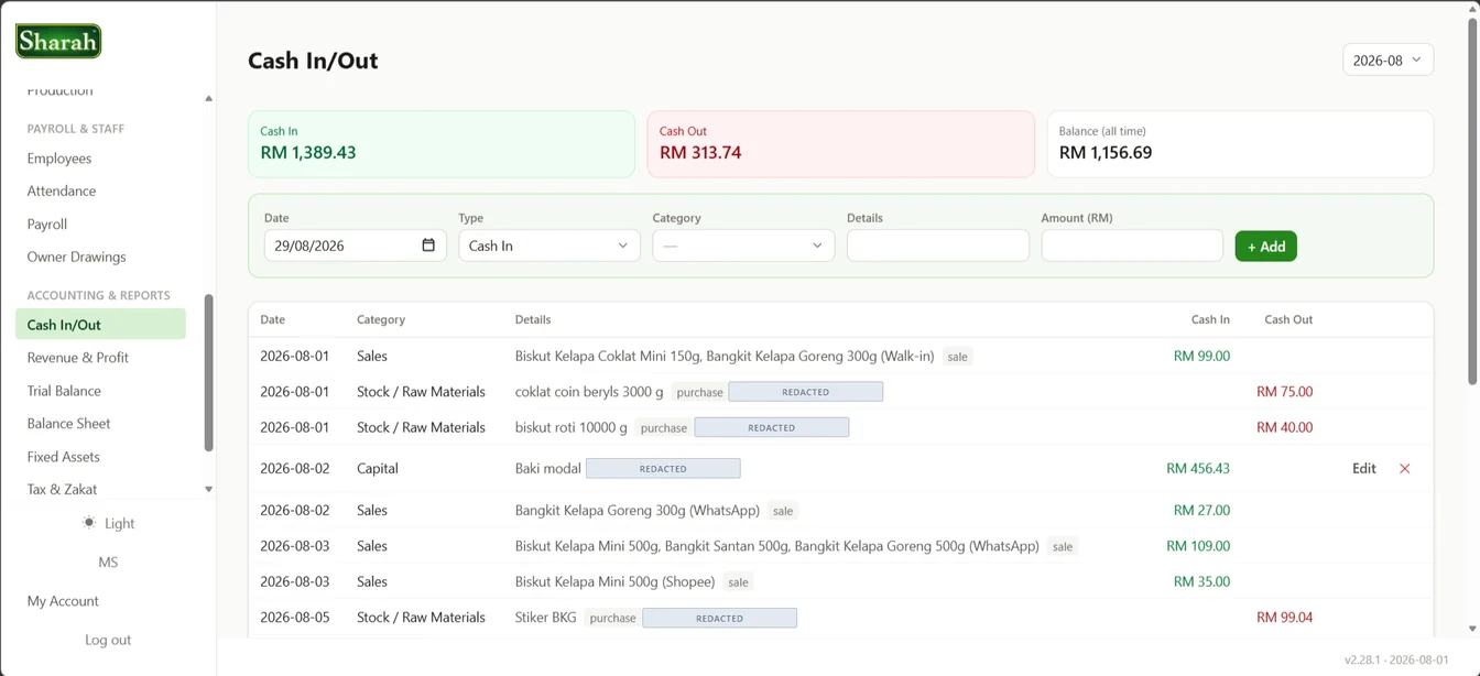 Sharah CMpro cash in/out ledger showing monthly totals, an entry form and categorised transactions
